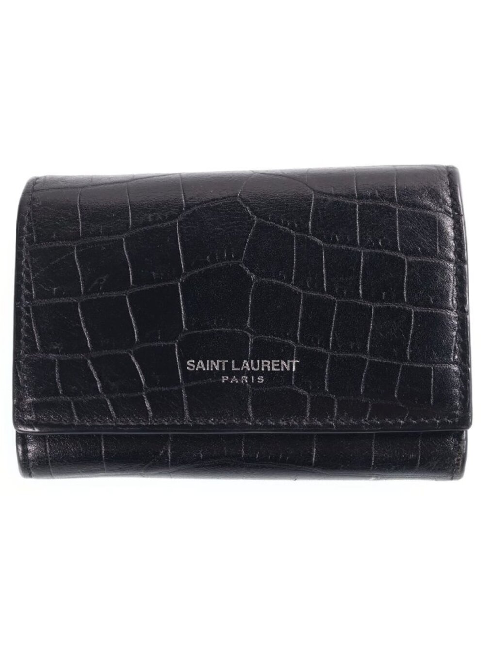 Saint Laurent Paris Croco Embossed Key Trifold Wallet Black